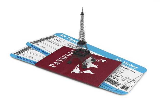 여행 개념입니다. 흰색 바탕에 에펠탑과 여권이 있는 항공사 탑승권