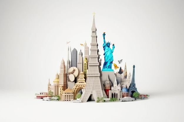 Travel concept around the world with landmarks white background