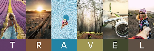 Photo travel concept background. summer concept. header format with copyspace, vertical stories collection. banner with people photos having fun and enjoying vacation