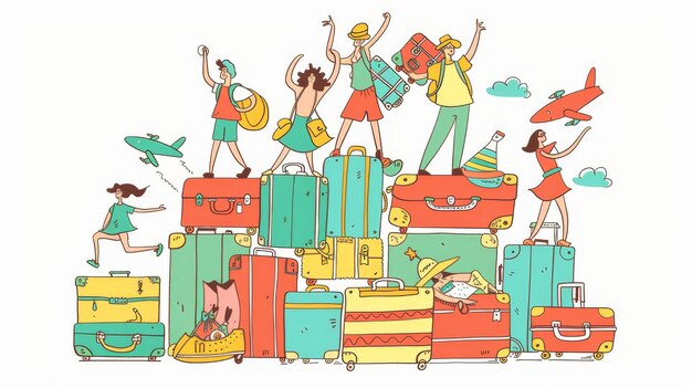 旅行コンセプトバナーポスター スーツケースが積み重ねられ,人々は楽しんでいます フラットデザインスタイル ミニマルなモダンなイラスト