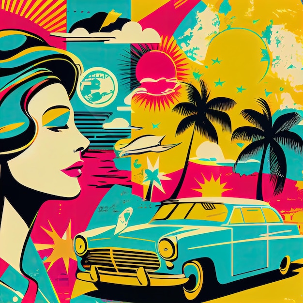 Travel concept colorful retro style graphics ad