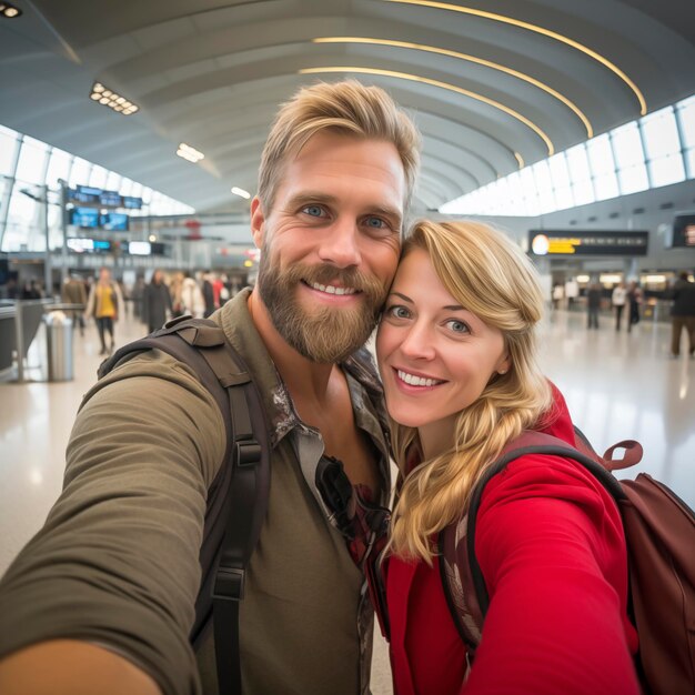 写真 旅のコンセプト ブロンドヘアのカップルが空港ターミナルでセルフィーを撮ります 笑顔で幸せで彼らは休暇のために出発するのを待っています 生活様式と休暇の概念