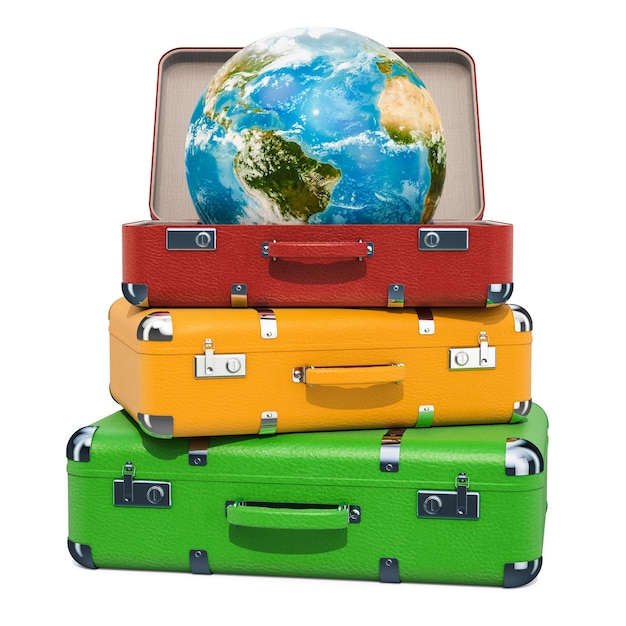 Photo travel concept earth globe inside suitcase on the heap of luggage 3d rendering