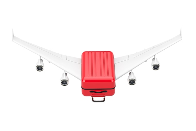 여행 개념입니다. 흰색 바탕에 직업으로 날아가는 비행기 날개가 있는 큰 빨간색 폴리카보네이트 가방. 3d 렌더링