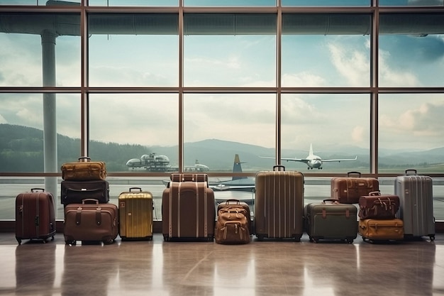 Travel concept luggage in the lounge airport created with Generative AI