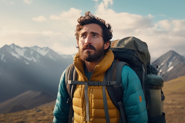 Travel concept Man with mountain gear on top of mountains generative ai