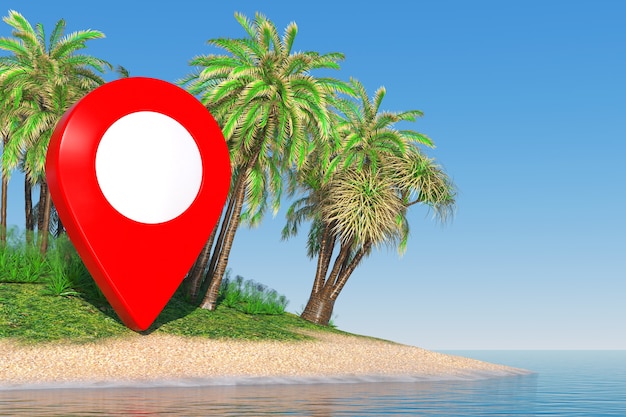 Travel Concept. Map Pointer on a Desert Sand Island with Palm Trees in the Middle of the Ocean extreme closeup. 3d Rendering