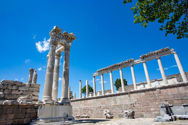 Travel concept photo. Trajan Temple columns in ancient city of Pergamon, Turkey