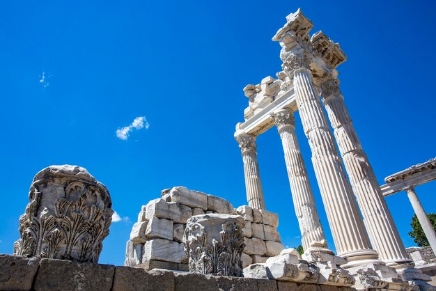 Travel concept photo. Trajan Temple columns in ancient city of Pergamon, Turkey