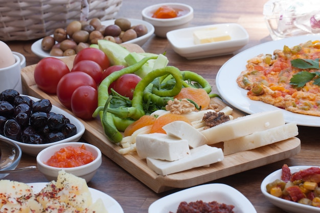 Travel concept setup with traditional turkish breakfast