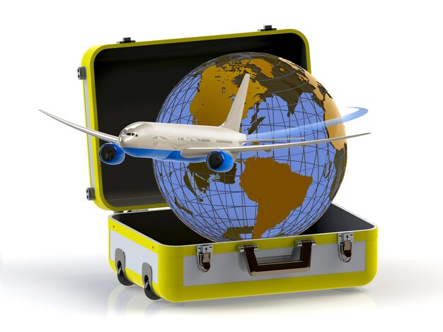 Travel concept. Suitcase, globe and aircraft isolated on white background