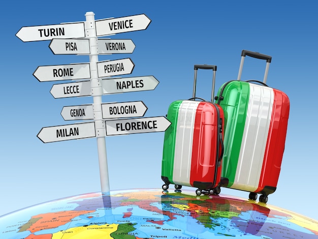 Travel concept. suitcases and signpost what to visit in italy. 3d