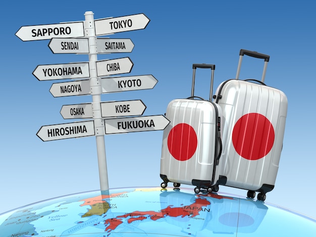 Travel concept. Suitcases and signpost what to visit in Japan. 3d