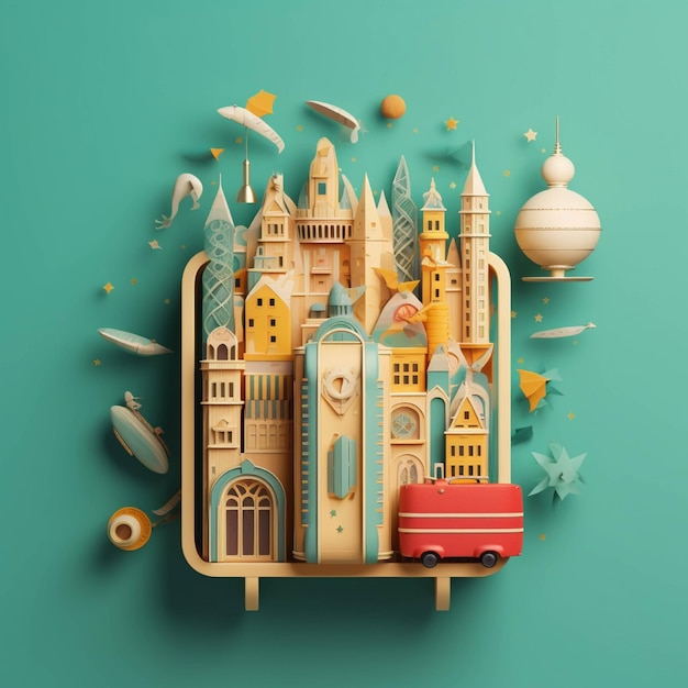 Travel concept with 3d illustration of famous world landmarks in paper cut style