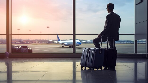 Travel concept with businessman and a suitcase in airport interior with plane flying