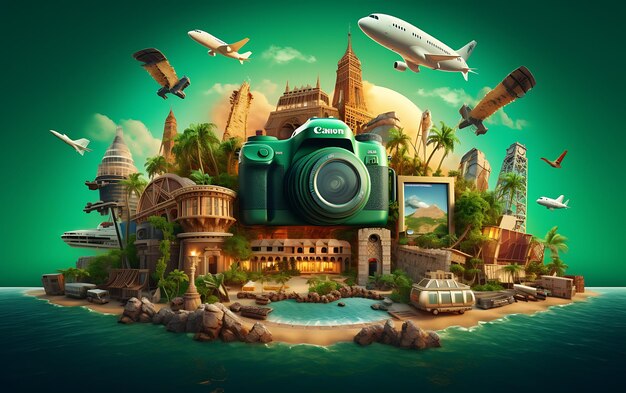 Photo travel concept with iconic attractions embellish our green and global planet