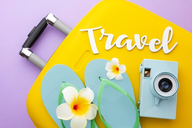 Photo travel concept with items arrangement flat lay