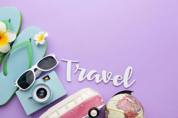 Photo travel concept with items arrangement top view