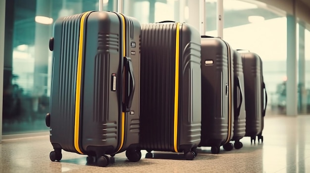 공항 터미널 Generative AI의 공항 검은색 및 노란색 여행 가방에 수하물이 있는 여행 컨셉