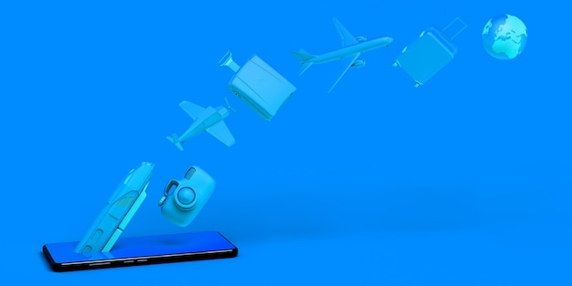 Travel concept with smartphone. Banner. Plane, train, suitcase, camera, balloon ...