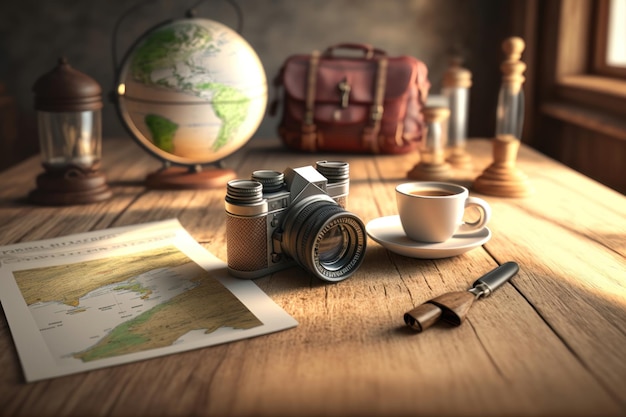 Travel concept on wooden table Vacation concept background AI Generation