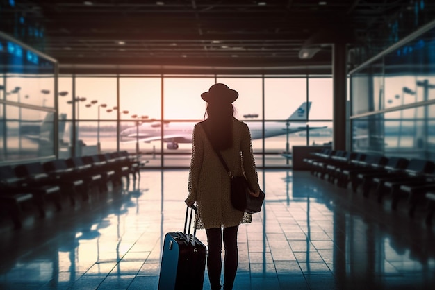 Travel concept Young woman seen from back holding luggage at the airport