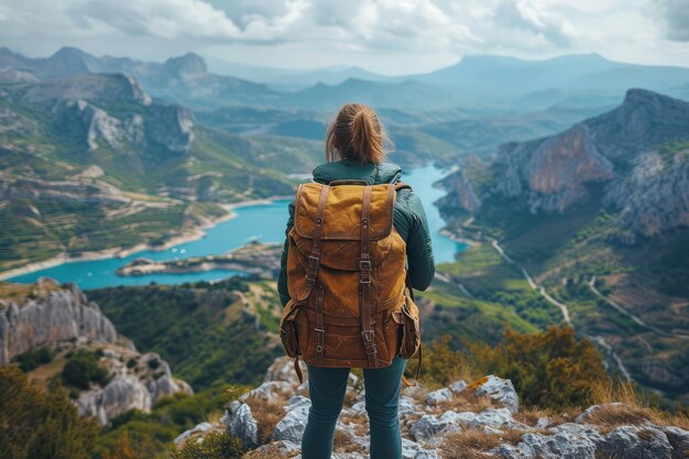 Travel Content Creator Concept Traveler Girl with a Backpack on her Back Looks at the Sea or Ocean extreme closeup Generative AI