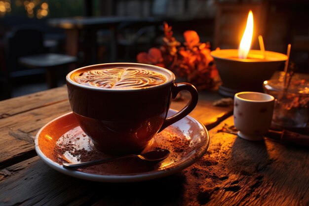 Travel cup with steaming coffee on a wooden table generative IA