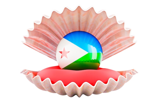 Travel in Djibouti concept Pearl with Djiboutian flag inside seashell 3d rendering isolated on white background