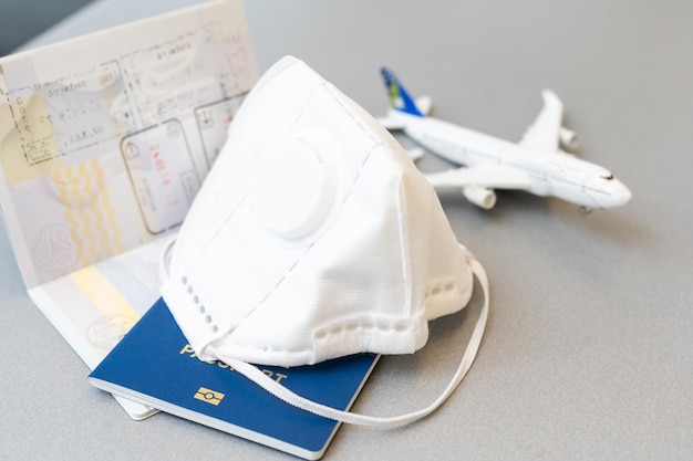Viaggiare durante la pandemia di covid-19. modello di aereo con mascherina e documenti di viaggio
