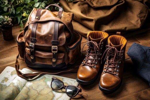 Photo travel essentials backpack boots map camera and sunglasses