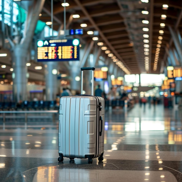 Travel essentials Trolley suitcase in international airport with information board For Social Media