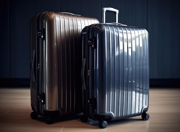 Travel Fashion Closeup Shot Of Two Plastic Suitcases Standing At Empty Airport Corridor Stylish Luggage Bags Waiting At Terminal Hall Banner For Air Travelling And Vacation Booking Concept