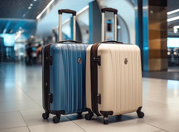 Travel Fashion Closeup Shot Of Two Plastic Suitcases Standing At Empty Airport Corridor Stylish Luggage Bags Waiting At Terminal Hall Created with Generative AI technology