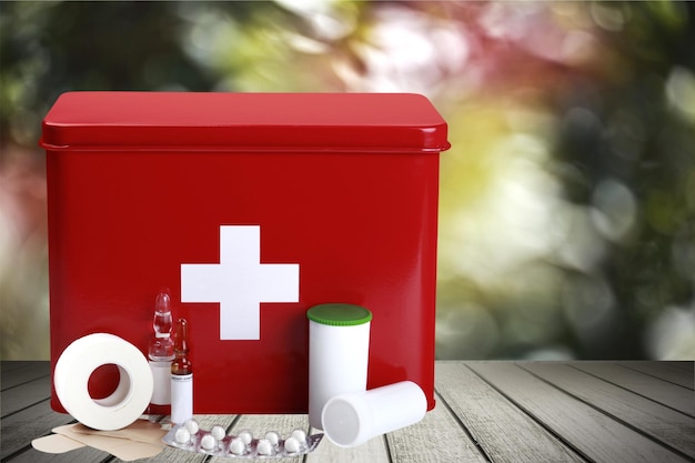 Photo travel first aid kit on background