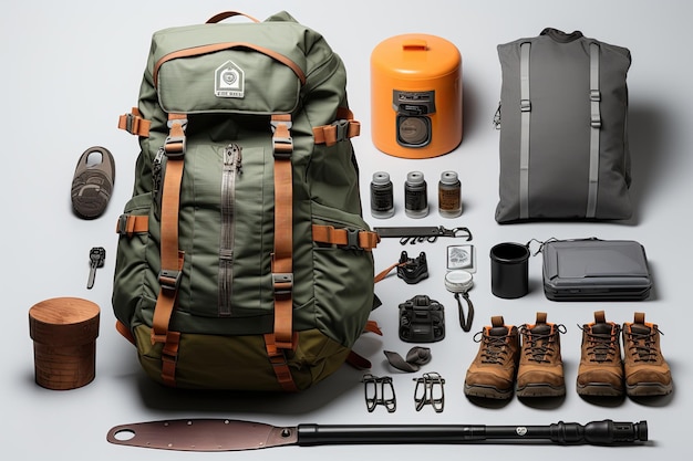 Photo travel gear for camping camping equipment laid out on a white backgroundgenerated with ai