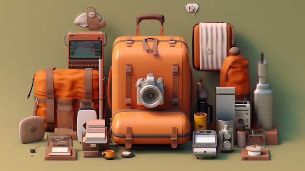 Travel holiday concept professional color suitcase and beach accessories 3d by Generated AI