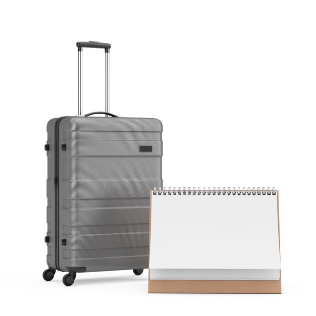 Travel Holiday Vacation Concept Modern Luxury Plastic Gray Suitcases with Blank Paper Desk Spiral Calendar 3d Rendering