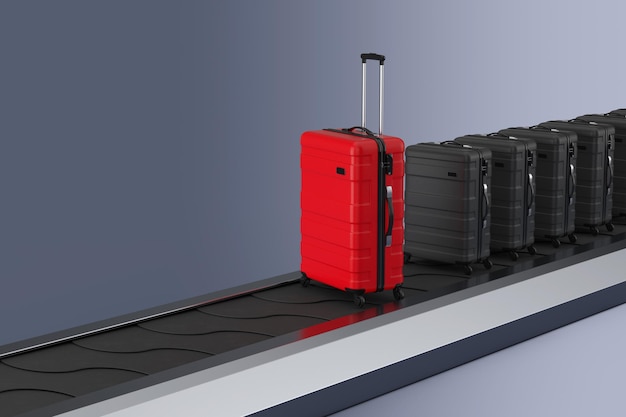 Travel Holiday Vacation Concept Modern Luxury Plastic Red and Black Suitcases over Airport Luggage Conveyor Belt Manufacture Line or Baggage Claim Area 3d Rendering