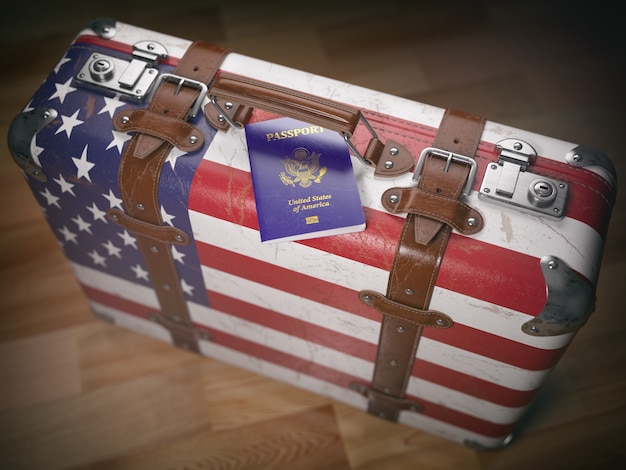 Travel or immigration concept. USA passport and suitcase with flag of USA. 3d illustration