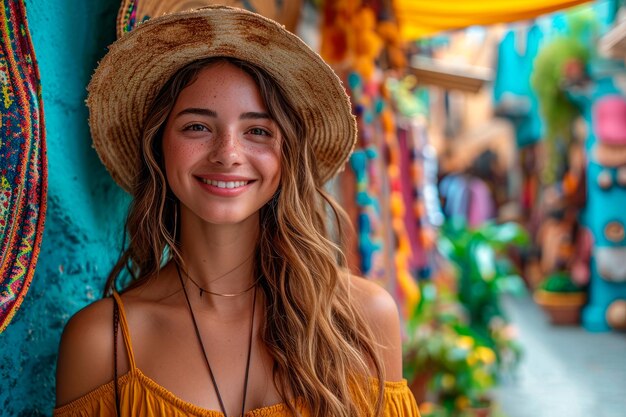 A travel influencer in a local market in an exotic location