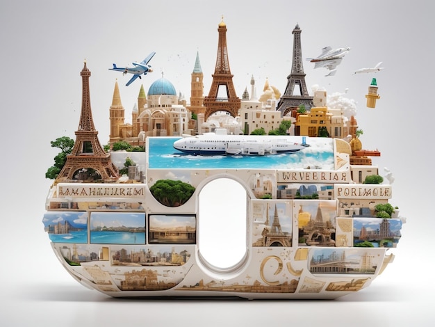 Travel inscription collage of famous places around the world