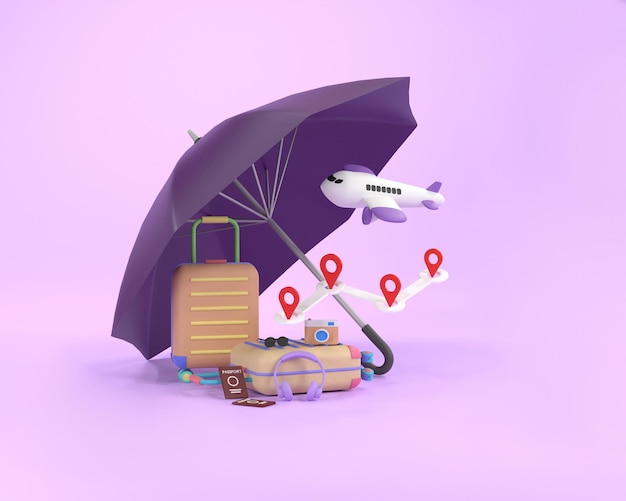 旅行保険ビジネス コンセプト紫傘カバー飛行機とスーツケース