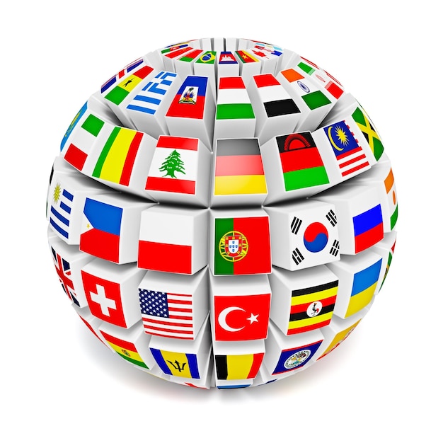 Photo travel and international business concept 3d globe sphere with lags of the world on white background