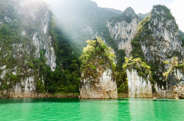 Travel island and green lake at Ratchaprapha Dam in Khao Sok National Park, Surat Thani Province, Thailand ( Guilin of Thailand )