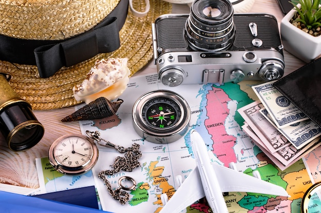 Travel items and accessories on the table.ound