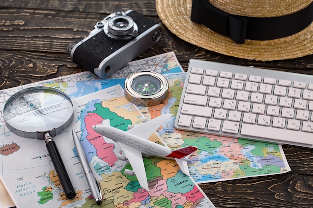 Photo travel items and accessories on the table.