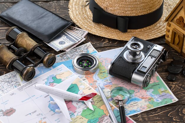 Travel items and accessories on the table.