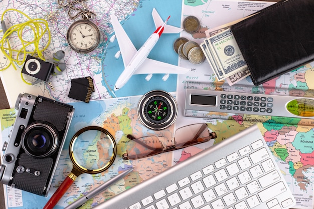 Travel items and accessories on the table.