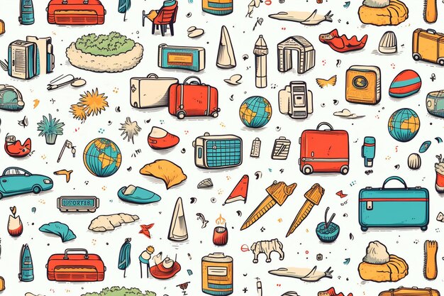 Photo travel items doodle style pattern